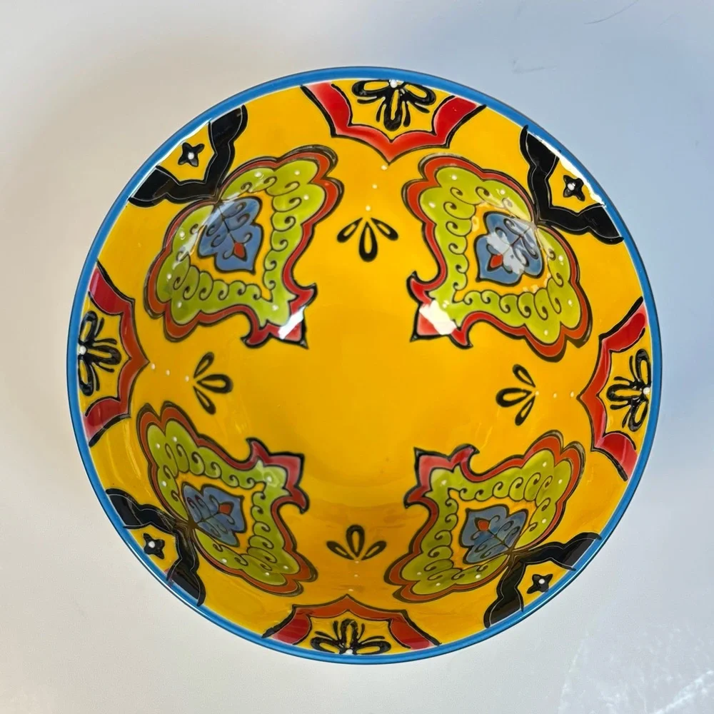 Boho Decorative Serving‎ Bowl Ramen Bowl Goldtone Colorful Porcelain Display